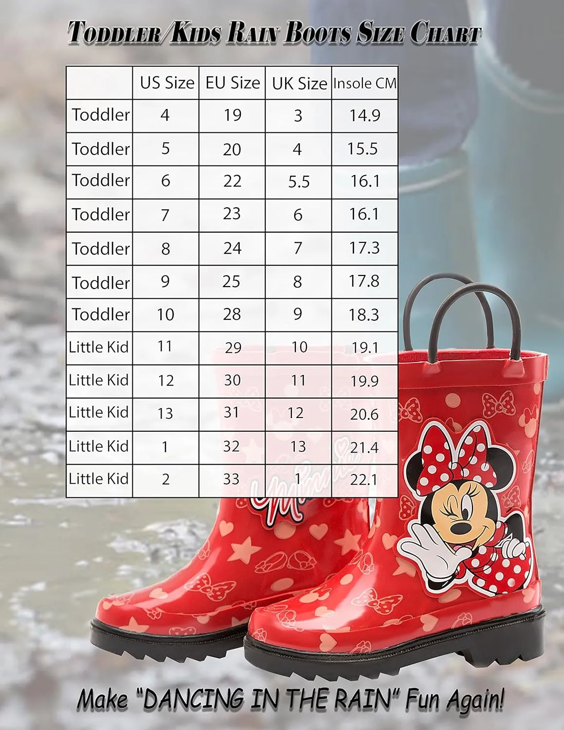 Disney Minnie Mouse and Mickey Mouse Rubber Rainboots - Waterproof - Easy-on - Toddler and Little Kids Sizes - Boys, Girls
